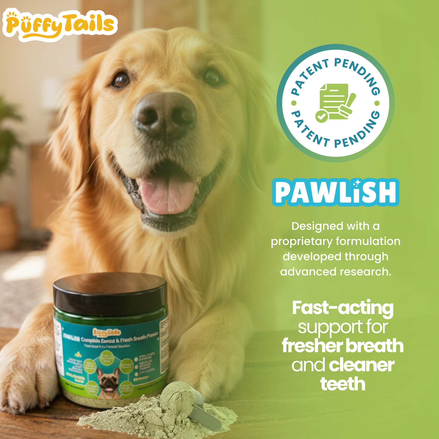 PuffyTails PAWLISH dog dental powder with patent pending formula supports fresher breath and cleaner teeth for dogs with daily use