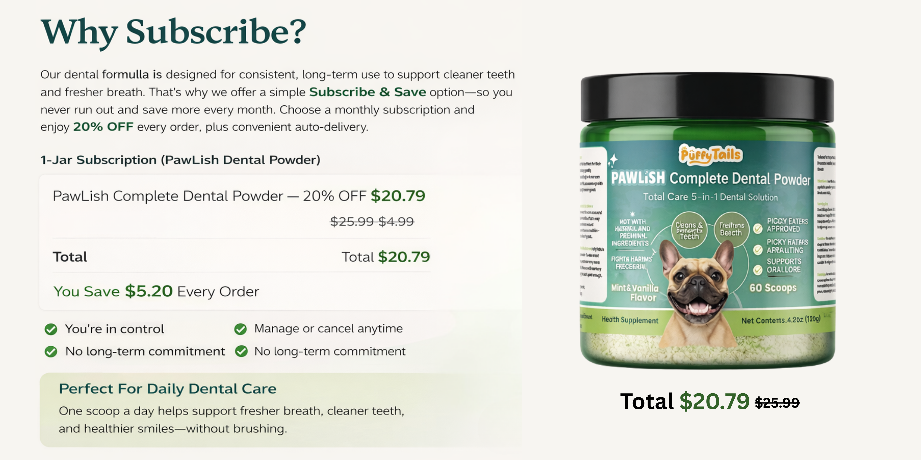 PuffyTails PawLish Subscribe & Save banner showing 20% off dog dental powder subscription for fresh breath and cleaner teeth.