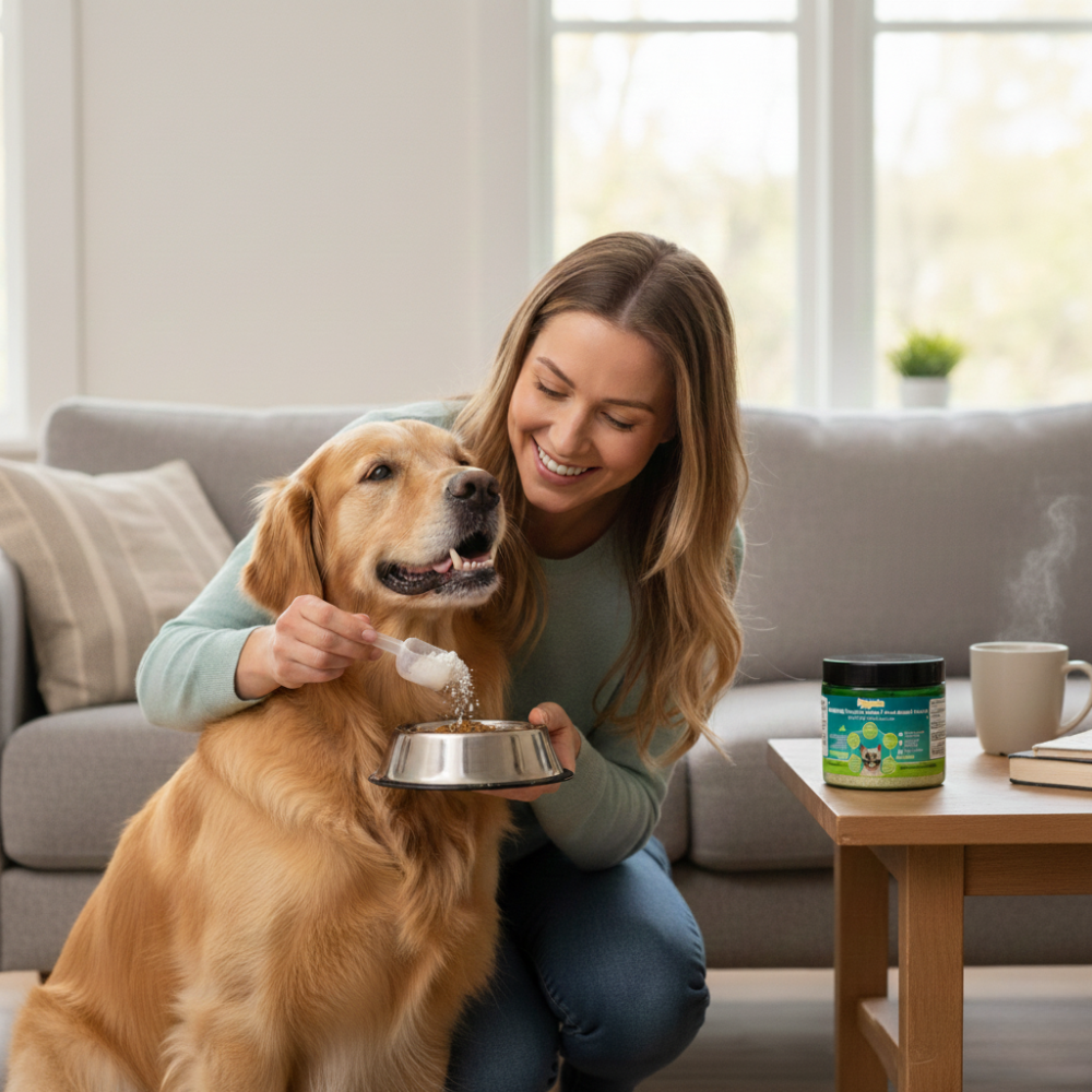 sprinkling PuffyTails PawLish dog dental powder for fresh breath and cleaner teeth.