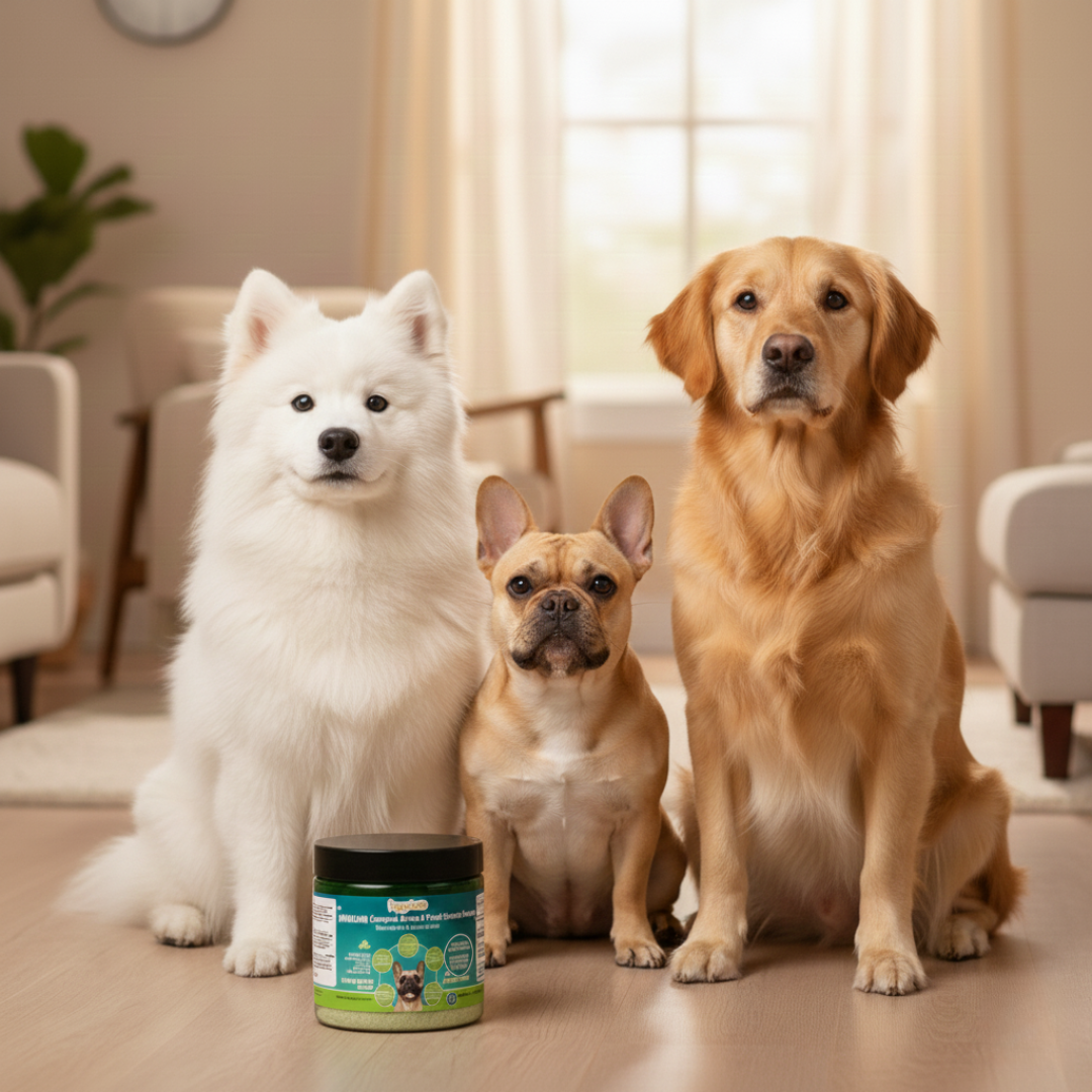 PuffyTails PawLish dog dental powder for fresh breath and cleaner teeth for all dog sizes.