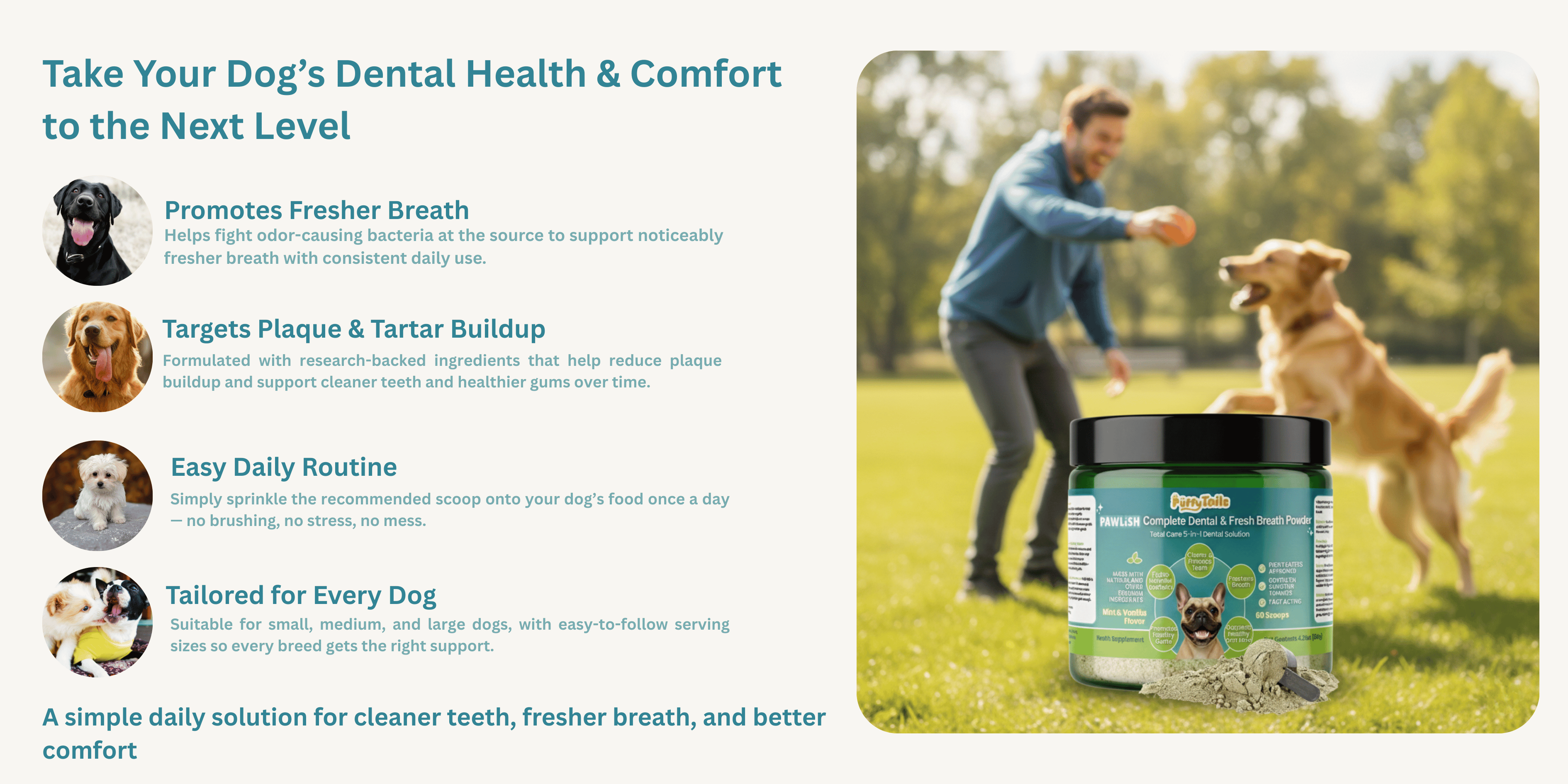 PuffyTails PawLish dog dental powder benefits for fresh breath, plaque support, and easy daily oral care.