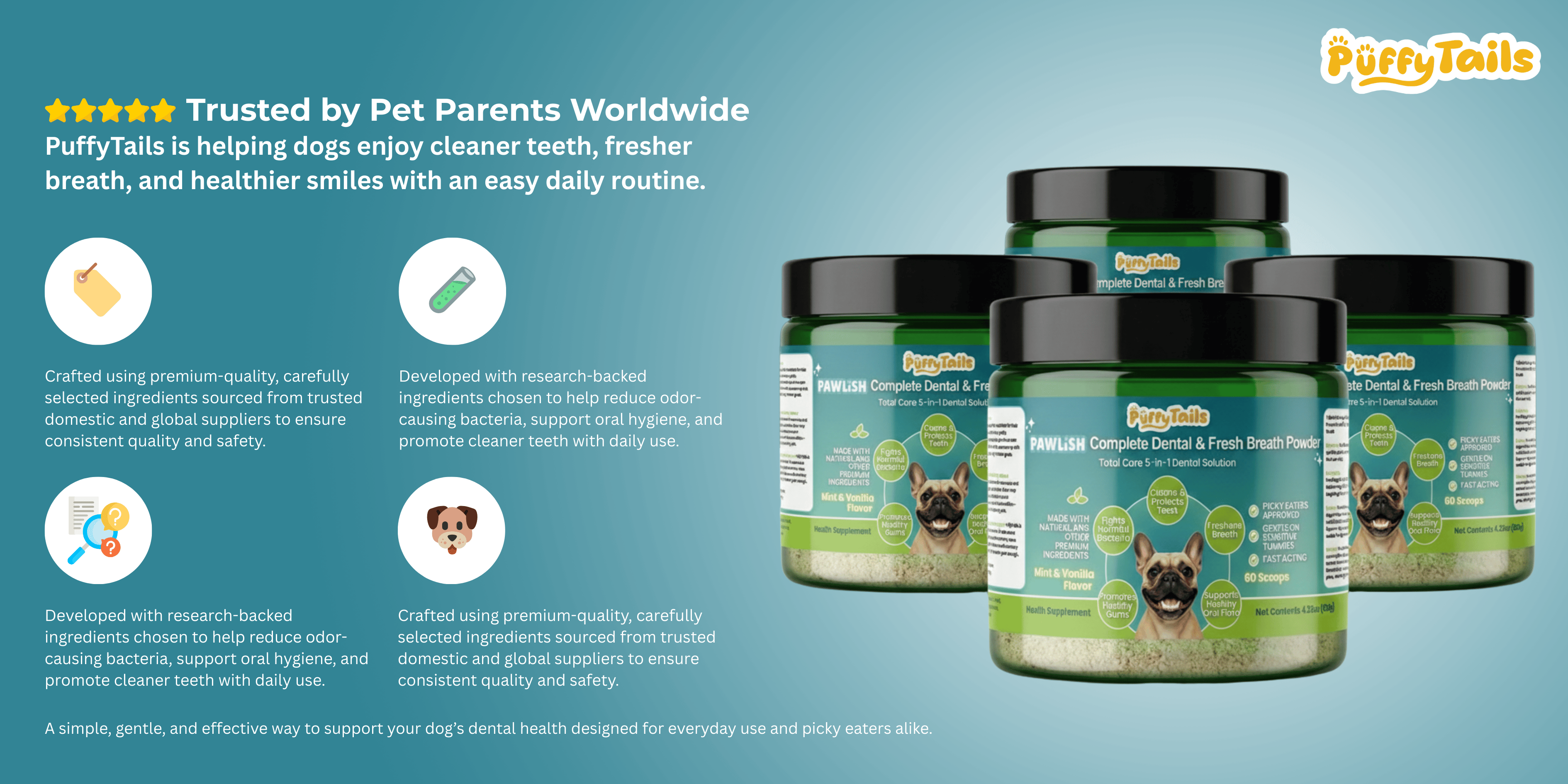 PuffyTails PawLish dog dental powder trusted by pet parents for fresher breath and cleaner teeth.